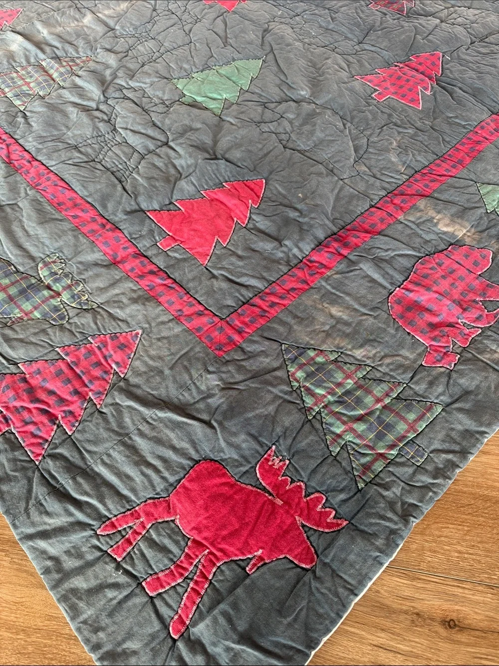 ♥️Rustic Navy Quilt Trees and Moose - shes tired, faded, worn BUT not done! ❤️